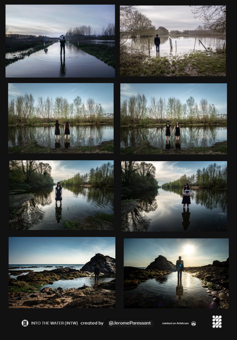 An 8-panel photographic collage titled "INTO THE WATER (NEW) created by @JeromeParessant" showcases a lone figure or pair of figures in dark clothing standing in calm reflective waters and wet landscapes, with dramatic lighting ranging from moody overcasts to golden sunsets. The accompanying post appears to tease the return of the artist's work on the @Ninfa_io platform, minted via @TransientLabs, with "1/1" indicating these are unique single-edition photographic NFTs.