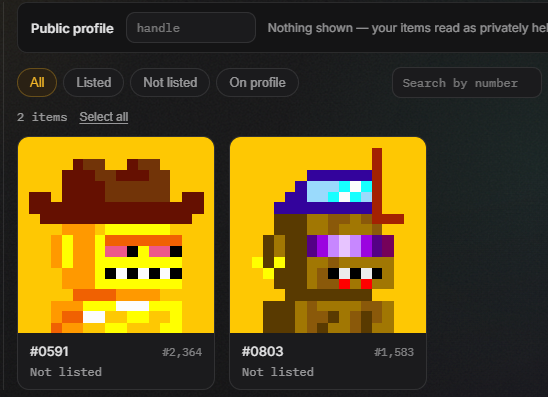 A public profile page displaying two pixel-art NFT collectibles: #0591 and #0803, both marked as 'Not listed'.