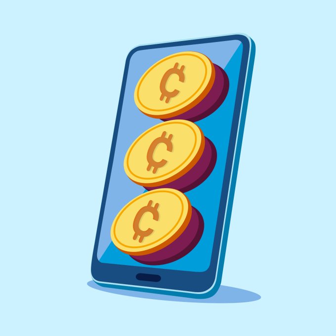 A cartoon illustration of a smartphone displaying three stacked gold coins with a 'C' symbol, representing a digital crypto wallet or mobile payment concept.