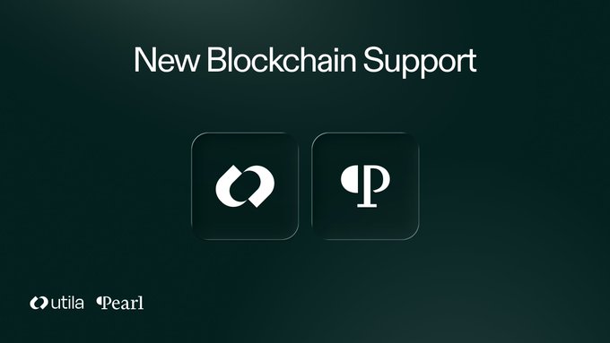 A graphic titled 'New Blockchain Support' showcases logos for 'Outila' and 'Pearl' cryptocurrencies against a dark green background.