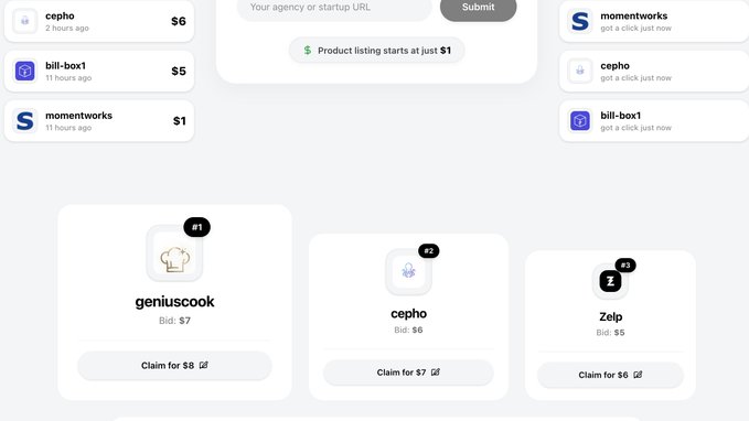 A web interface displays bidding/listing sections with usernames like cepho, bill-box1, and momentworks, alongside product cards for 'geniuscook' ($7), 'cepho' ($6), and 'Zelp' ($5) with 'Claim for' buttons.