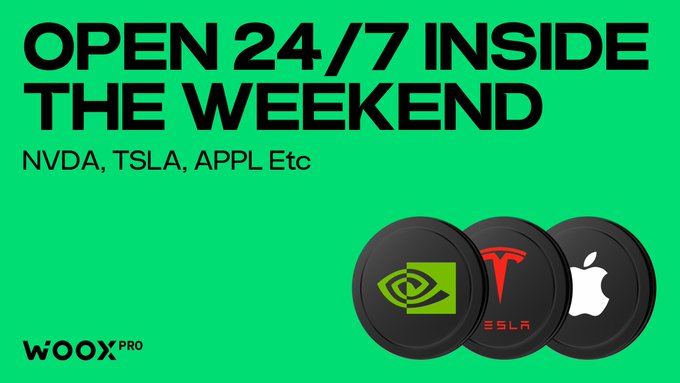 This image features the NVIDIA, Tesla, and Apple logos, along with the text "OPEN 24/7 INSIDE THE WEEKEND" and "NVDA, TSLA, APPL Etc," highlighting 24/7 access to tokenized equity lines for these companies.