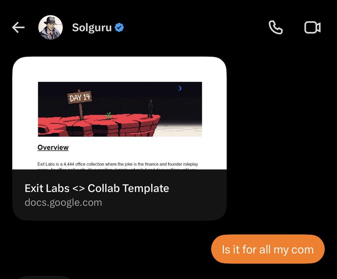 A Telegram chat screenshot with user 'Solguru' sharing a link titled 'Exit Labs <> Collab Template' from docs.google.com, featuring a thumbnail image labeled 'DAY 14' showing a character on a cliff edge.
