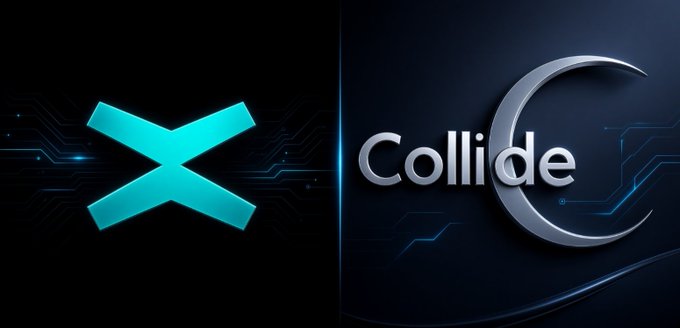 A split image shows two logos on a dark, circuit-patterned background: a glowing teal 'X' on the left and a silver 'C' with the word 'Collide' on the right.