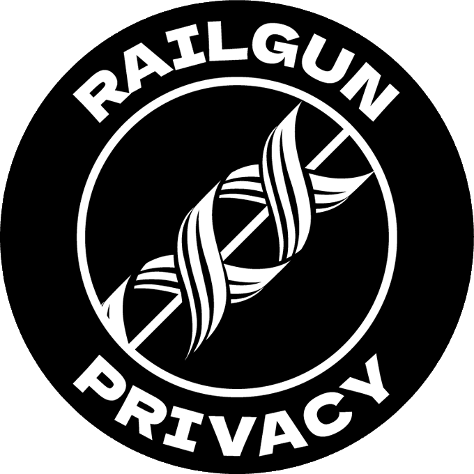 The image features a logo for a company named "Railgun Privacy". The logo consists of two lines, one horizontal and one vertical, that form an X shape. The letters "RAIL" are written above the X, while "PRIVACY" is written below it. The text "Study the Lindy Effect." is also present in the image. This design choice suggests a connection to the concept of privacy and the company's name.