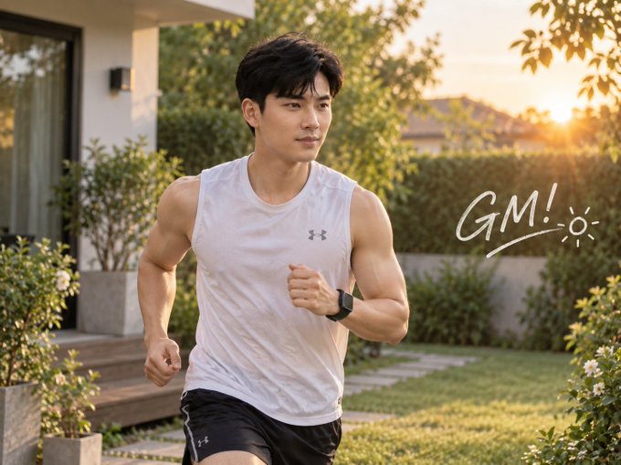 An AI-generated image of a muscular East Asian man jogging outdoors in athletic wear, with 'GM!' (good morning) and a sun icon written in the corner.