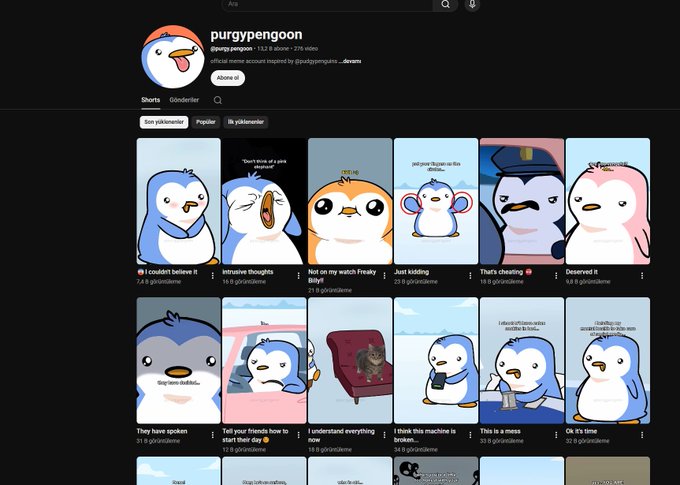 The image shows a YouTube channel page for "purgypengoon" (@purgy.pengoon) displaying a grid of animated penguin meme videos. The channel has 13.6K subscribers and 275 videos, with recent shorts featuring captions like "I couldn't believe it," "Intrusive thoughts," "Not on my watch Freaky Baby!," and "Just kidding." This appears to support the post's claim of "stolen art," as the channel features multiple short animated penguin memes that could potentially be unauthorized copies of original content.