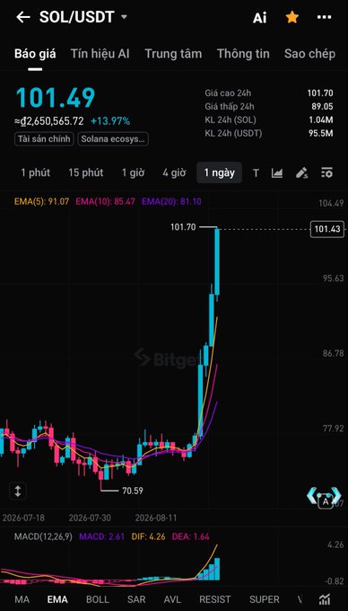 A cryptocurrency price chart for SOL/USDT showing a price of 101.49 with a +13.97% increase on the Bitget exchange platform.