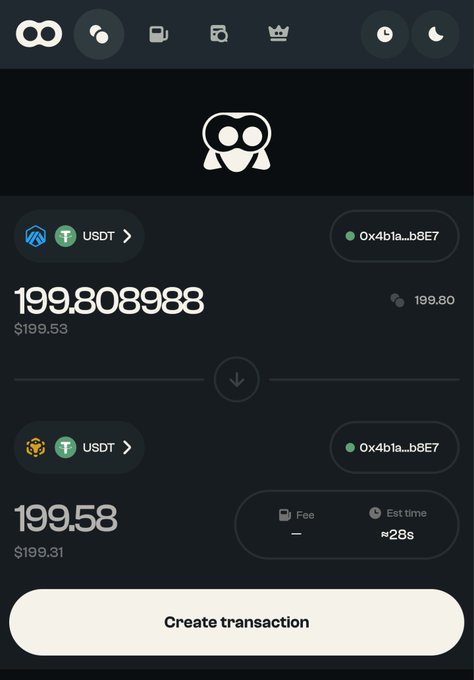 A mobile screenshot of the Allbridge app showing a cross-chain stablecoin swap from ARB-USDT to BNB-USDT, converting 199.80 USDT (≈$199.53) into 199.58 USDT (≈$199.31) with an estimated 28-second settlement time. The interface demonstrates the platform's native, low-fee bridging between EVM and non-EVM chains as described in the post.