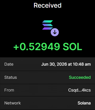 The image shows a successful wallet transaction confirmation, indicating a receipt of "+0.52949 SOL" on the Solana network dated Jun 30, 2026, with the matching transaction hash (Csgd...4kcs) shown in the "From" field. This serves as proof of payment for the announced $TPI token purchase at 0.529 SOL per token.