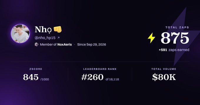 A digital profile dashboard for user 'Nho' (@rho_hp15) displaying a ZScore of 845/1000, leaderboard rank #260 of 16,118, total zaps of 875 (+591 earned), and total volume of $80K.