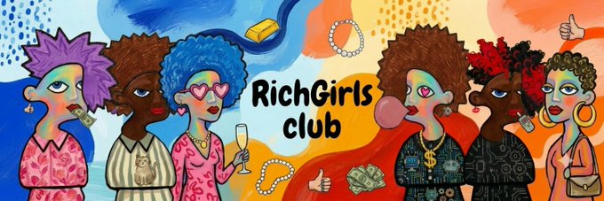 A colorful, stylized illustration of several women with the text "RichGirls club" in the center.