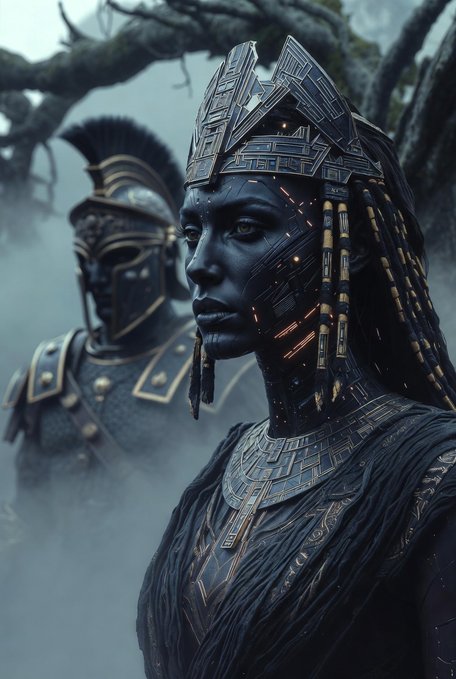 A cinematic portrait of a woman with dark skin wearing an elaborate ornamental headdress and intricate armor, with a second armored figure visible in the misty, forested background.