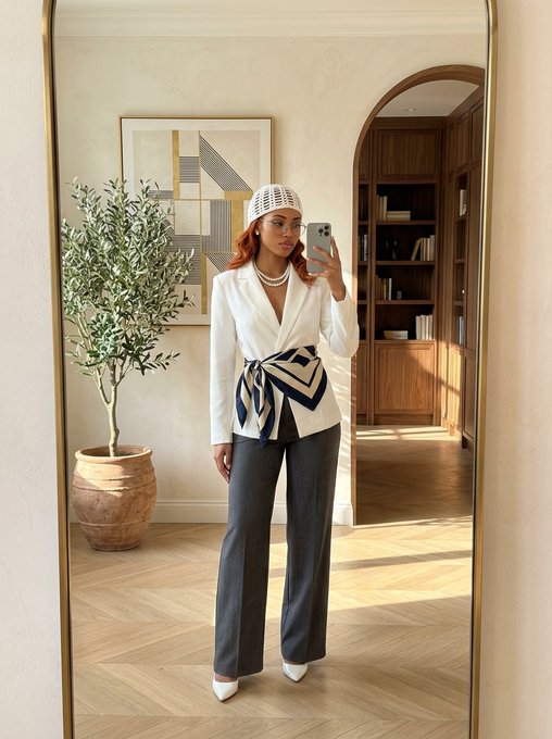 A woman takes a mirror selfie wearing a white blazer with a blue and white patterned sash, a white head covering, pearls, and gray trousers.