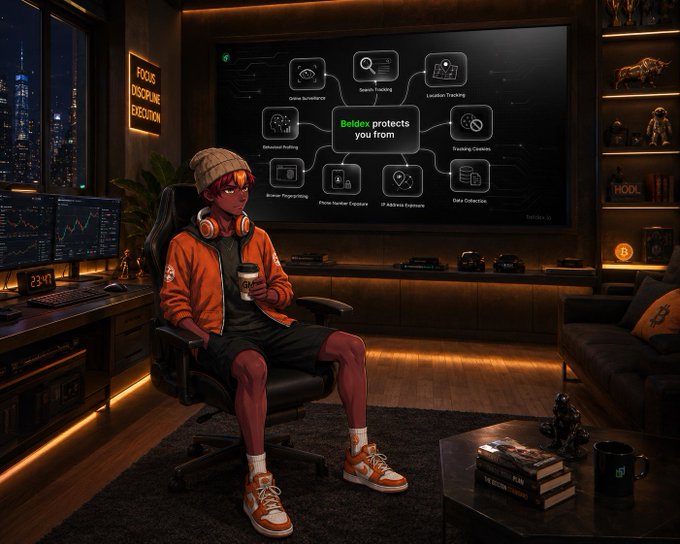A stylized character wearing an orange hoodie and beanie relaxes in a gaming chair holding coffee in a dimly lit high-tech room, with a large screen behind displaying a flowchart that highlights how "Beldex protects you from" data surveillance, location tracking, and tracking cookies—visually reinforcing the post's message about privacy as an underappreciated advantage in crypto.