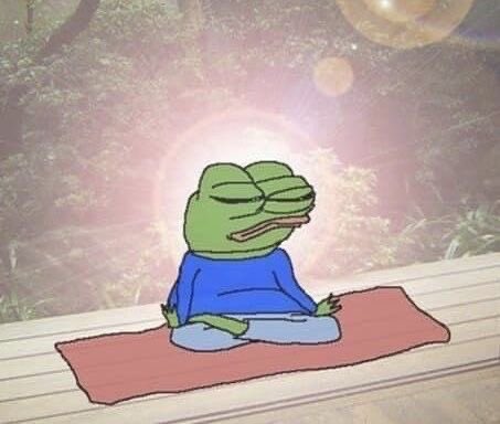 A cartoon frog sits cross-legged in a meditative pose on a red yoga mat, illuminated by a glowing sun against a forest backdrop.