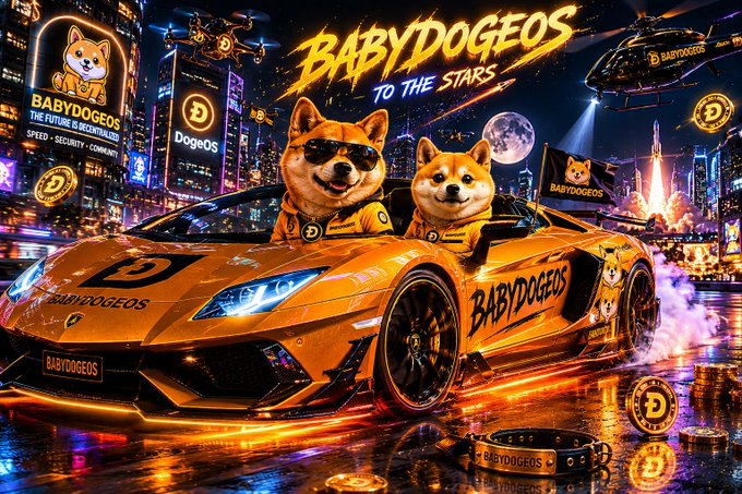 The image features a neon-lit car with two Shiba Inu dogs wearing sunglasses, driving down a city street at night. The background includes buildings and billboards, creating an urban atmosphere. The caption of the image reads "No limits. No excuses. Just building. $BabyDogeOS $DogeOS". This suggests that the image is promoting a car brand or a lifestyle associated with it, possibly targeting dog lovers who enjoy driving and exploring city streets at night.