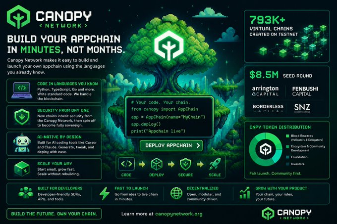 Promotional graphic for Canopy Network titled 'BUILD YOUR APPCHAIN IN MINUTES, NOT MONTHS' featuring a stylized tree with floating islands, highlighting 793K+ virtual chains, an $8.5M seed round with investors including Arrington Capital and Fenbushi Capital, and CNPY token distribution details.