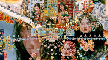 An abstract artistic image featuring multiple overlapping female faces with intricate headpieces and colorful beaded decorations overlaid with grid patterns.