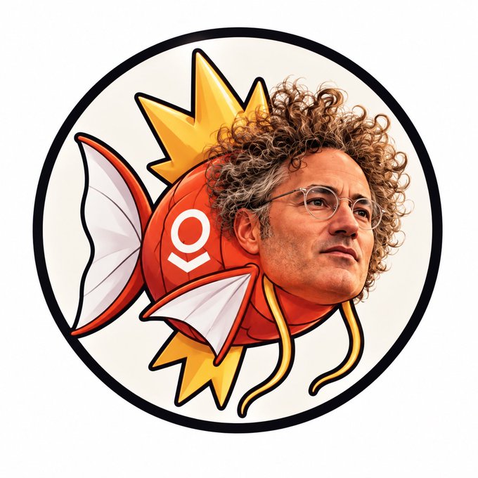 A cartoon-style circular avatar logo featuring a man with curly hair and glasses merged with a red Magikarp-style fish (with KO logo) and lightning bolts.