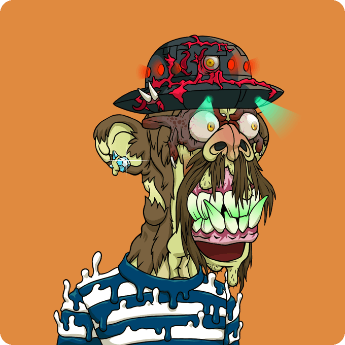 A cartoonish illustration of a grotesque character with bulging eyes, a wide toothy grin, a brown beard, and a cracked helmet with red glowing eyes, wearing a blue and white striped shirt against an orange background.