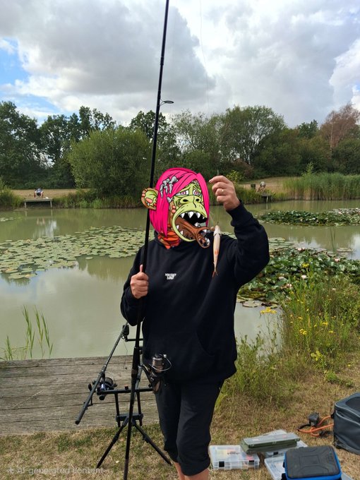 A person stands outdoors by a fishing pond holding a rod, wearing a black hoodie and balaclava with a colorful, aggressive pink-haired cartoon character face mask, with fishing gear and a tackle box on the grass.