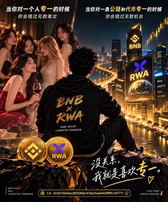 A promotional graphic featuring a man facing away wearing a "BNB x RWA SAME BELIEF A BRIGHTER TOMORROW" hoodie, with Chinese text about loyalty and BNB/RWA coin imagery against a nighttime cityscape.
