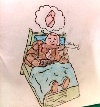 A watercolor and ink drawing of a cute character sleeping in bed with a blue blanket, dreaming of a geometric crystal/diamond shape in a thought bubble, signed 'ZylaTecca'.