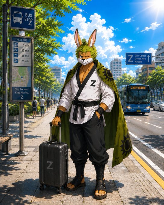 An anime/manga-style character with a rabbit-eared, green-haired mask wearing a kimono and a green sunflower-patterned cape, standing at a bus stop labeled 'BUS STOP 2' with a suitcase marked 'Z'.