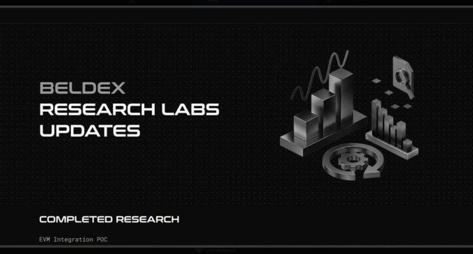 A dark webpage header titled 'BELDEX RESEARCH LABS UPDATES' with 'COMPLETED RESEARCH' section showing 'EVM Integration POC', accompanied by 3D graphics of bar charts and cryptocurrency icons.
