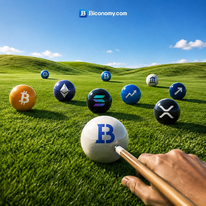 A 3D rendered graphic for Biconomy.com depicting various cryptocurrency billiard balls, including Bitcoin (B), Ethereum, and Solana, scattered on a green grassy field with a hand holding a cue stick.