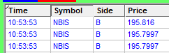 A trading terminal window displaying three buy orders for the symbol NBIS executed at 10:53:53, with prices of 195.816, 195.7997, and 195.7997.