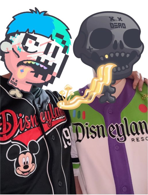 Two stylized cartoon figures—one pixelated with blue hair and a Mickey Mouse 'Disneyland' jacket, the other a skull-headed character in a purple and green 'Disneyland Resort' shirt—posing together with a glowing gold dollar sign between them.
