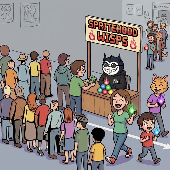 A cartoon scene shows a crowd lined up at a booth labeled 'SPRITEHOOD WISPS' where a mascot sells colorful glowing orbs to excited customers including an anthropomorphic cat.