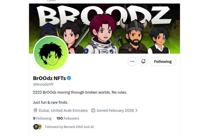 The image shows a Twitter/X profile for "BrOOdz NFTs" (@broodznft) with a banner featuring 5 cartoon-style characters and a green avatar of a black-haired character. The profile displays "2222 BrOOdz moving through broken worlds. No rules" as its bio, shows 190 followers and 9 following, is based in Dubai, United Arab Emirates, and joined in February 2026. This relates to the post promoting BrOOdz as early alpha and an opportunity to become a whitelist owner before the full collection of 2222 NFTs drops.