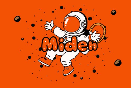 The image features a cartoon depiction of an astronaut floating in space with the word "Miden" written above him. The astronaut appears to be holding a tennis racket, suggesting that he might be playing tennis while in space or has just returned from a game on Earth and is now floating in space. The post also discusses how @0xMiden turns transactions into programmable intents, which could potentially include activities like sending assets with built-in logic such as time-locks, recallable payments, atomic swaps, and custom spending rules.