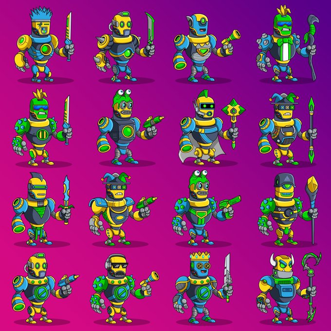 Grid of 16 colorful cartoon robot/knight character designs on a magenta background, featuring various weapons like swords, guns, staffs, and shields.