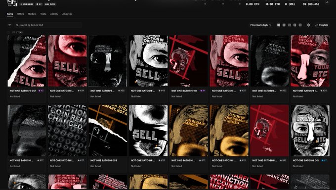 OpenSea NFT marketplace displaying a collection of 'NOT ONE SATOSHI' digital artwork pieces featuring various designs with 'SELL' text.