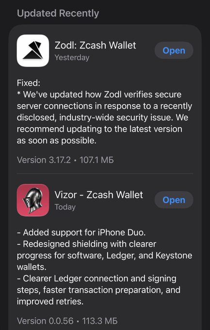 An App Store “Updated Recently” screenshot lists Zodl: Zcash Wallet with a secure server verification update, and Vizor - Zcash Wallet with iPhone Duo support and clearer Ledger signing steps.