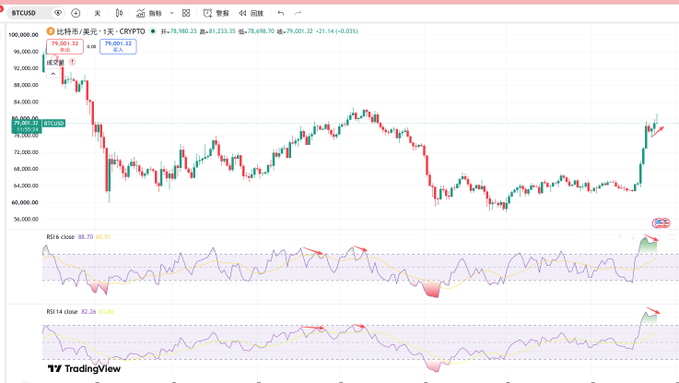 A TradingView BTCUSD chart showing a Bitcoin price of 79,001.32 with RSI 6 close and RSI 14 indicators displaying overbought signals with red arrows.