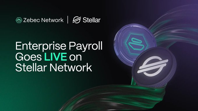 A promotional graphic announcing "Enterprise Payroll Goes LIVE on Stellar Network," featuring Zebec Network and Stellar logos alongside stylized crypto tokens.