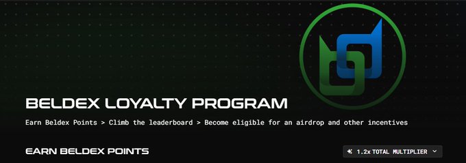 A dark-themed digital banner for a 'BELDEX LOYALTY PROGRAM' with the Beldex logo and text explaining how to earn points for a crypto airdrop, featuring a 1.2x total multiplier.