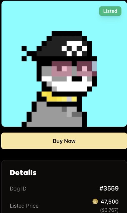 A pixel art NFT dog listing with Dog ID #3559, listed for 47,500 (~$3,767) with a Buy Now button and Listed status.