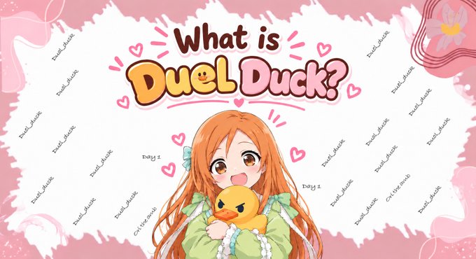 An anime-style graphic with the text "What is Duel Duck?" featuring an orange-haired girl holding a yellow duck, surrounded by the text "Duel_duck".