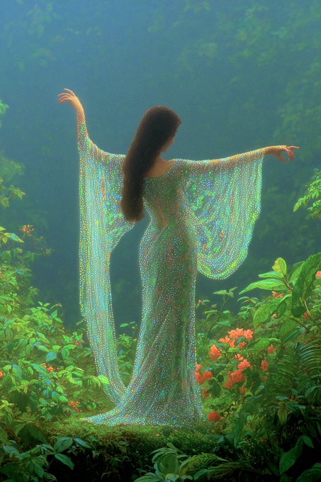 A digital painting of a woman with long dark hair seen from behind, wearing a shimmering, iridescent sheer gown with wide flowing sleeves, standing in a vibrant green forest with red flowers.