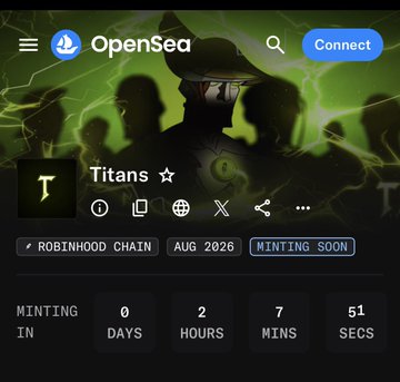 OpenSea NFT collection page for 'Titans' on the Robinhood Chain, marked as 'MINTING SOON' with a countdown timer in the August 2026 window.
