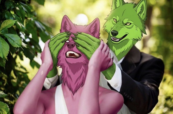 Digital art depicting a pink wolf-like character being held by a green wolf character who is covering its eyes, set against a forest background with green leaves.