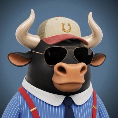 A 3D-rendered cartoon bull wearing aviator sunglasses, a red and white baseball cap with a horseshoe logo, a blue pinstripe shirt, red suspenders, and a blue tie.