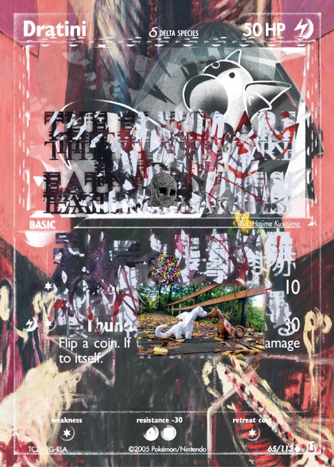 A heavily collaged NFT-style Pokémon card featuring Dratini (50 HP, Basic, Delta Species) by artist Hajime Kusajima, displaying the attack "Thunder Jolt" for 10 damage, with the set number 65/113 from 2005 and "card nft 2" likely referencing its place as the second artwork in an NFT collection series.