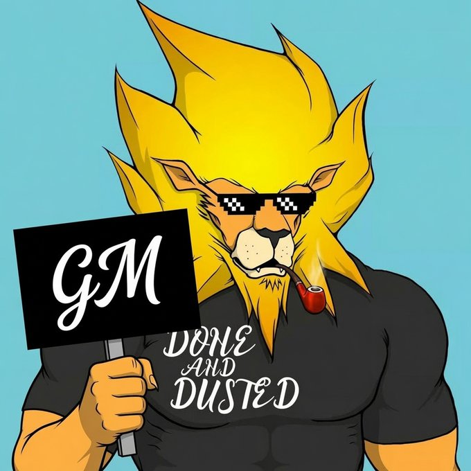 A cartoon illustration of a muscular lion wearing pixelated sunglasses, a pipe in its mouth, and a 'DONE AND DUSTED' shirt, holding a 'GM' sign.